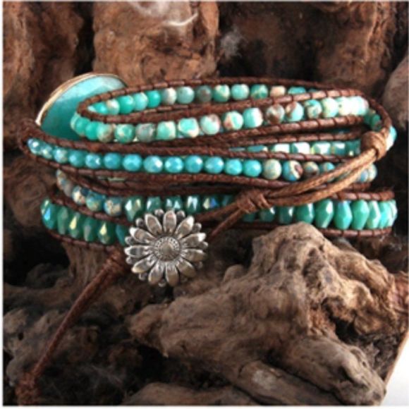 Boho Style Leather Turquoise Wrap Bracelet - Picture 3 of 5